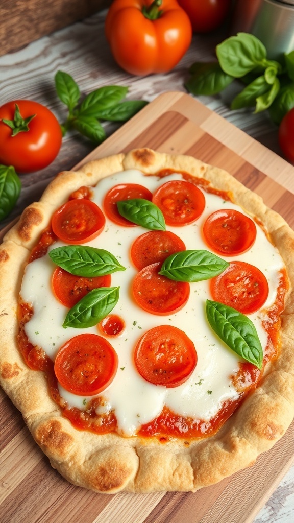 Homemade Pita Bread Pizza Recipe Homemade pita bread pizza with mozzarella cheese, pepperoni, and basil on a wooden cutting board.